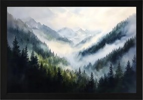 Poszter Keret Fa Tájkép Akvarell Hegyek Csúcsok Erdő Fák Köd 60x40