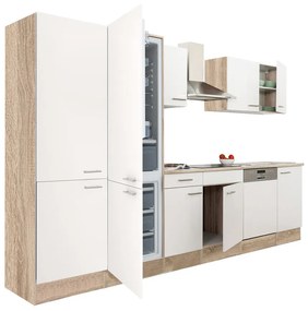Yorki 340 konyhablokk sonoma tölgy korpusz,selyemfényű fehér fronttal polcos szekrénnyel és alulfagyasztós hűtős szekrénnyel