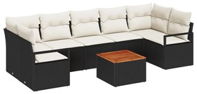 8 Darabos Kert Kanapé Szett Párnákkal Fekete Poli Rattan Akáciával, 2-Fős Kert Kanapé Párnákkal Fekete Poli Rattan