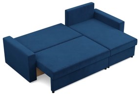 Zeus sarokkanapé, 2 ágyneműtartóval, egyenes kartámasz, bársony, univerzális oldal, bonell töltet, kék