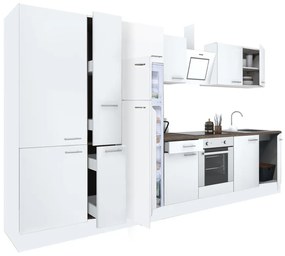Yorki 360 konyhabútor fehér korpusz,selyemfényű fehér front alsó sütős elemmel polcos szekrénnyel és felülfagyasztós hűtős szekrénnyel