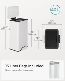 Konyhai Szemetes 40L, Nagy pedálos kuka 15 szemeteszsák mellékelve, Fehér