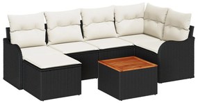 7 darabos kerti kanapé szett párnákkal, fekete poli rattan akác, 2 személyes kerti kanapé párnákkal, fekete poli rattan