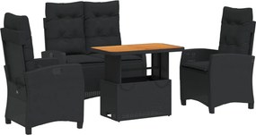 vidaXL 4 részes fekete polyrattan kerti étkezőszett párnákkal