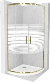 Mexen Rio, szögletes zuhanykabin 90(ajtó)x90(ajtó)x190 cm, 5mm átlátszó üveg csíkokkal, arany profil + fehér SLIM zuhanytálca, 863-090-090-50-20-4110G