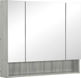 Kleankin Tükrös Szekrény 4 Rekesszel és Állítható Polcokkal, Fürdőszobai Tükör Fa és Üveg Anyagból, 90x15x75 cm, Szürke | Aosom