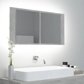Betonszürke LED-es tükrös fürdőszobaszekrény 90 x 12 x 45 cm