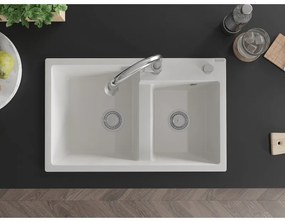 Mexen Tomas, 2 kamrás gránit mosogató 800x500x190 mm és Elia mosogató csaptelep, fehér, 6516-20-670101-00