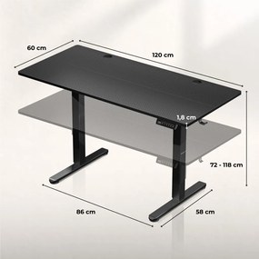 Elektromos állítható magasságú íróasztal, memória funkcióval, 120 cm x 60 cm, fekete