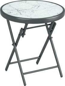 Outsunny Összecsukható Oldalsó Asztal, Üveg Összecsukható Asztal Márvány Hatással, Kis Kempingasztal, Kerek Kávézó Asztal Erkély Asztalhoz, 45 x 45 x