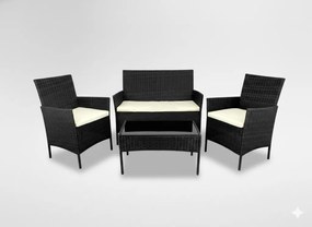 RATTAN BÚTORSZETT (KANAPÉ, 2 FOTEL, ASZTAL), FEKETE + KRÉMSZÍNŰ PÁRNÁKKAL