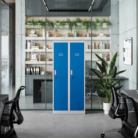 Pléh öltözőszekrény talpazaton, kétmodulos, polccal és köztes fallal KACPER, 800 x 1800 x 500 mm, szürke-kék