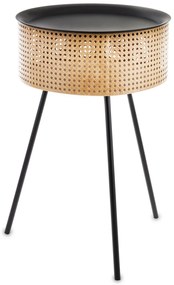 Design rattan jellegű háromlábú fém asztalka áttört pakolórekesszel 64x40x40cm