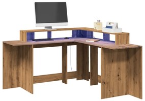 kézműves tölgy színű szerelt fa LED-es íróasztal 152x152x91 cm