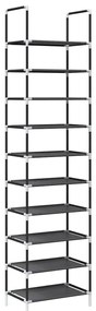 fekete nem szőtt szövetből cipőállvány 10 szintes 44x28x180 cm