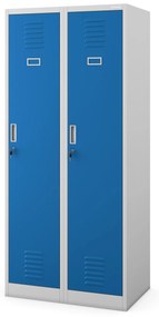 Pléh öltözőszekrény talpazaton, kétmodulos, polccal és köztes fallal KACPER, 800 x 1800 x 500 mm, szürke-kék