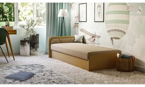 Okkersárga-bézs kárpitozott-forgácslemez ágyneműtartós egyszemélyes ágy matraccal 80x190 cm Parys – ELTAP