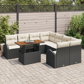9 Részes Kert Kanapészett Párnákkal Fekete Poli Rattan, 2-Fős Kert Kanapé Tárolóval és Párnákkal Fekete Poli Rattan