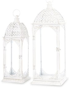 Vintage fehér szögletes 2db-os áttört fém lámpás lantern szett fogantyúval 50x17x17 / 62x22x22cm