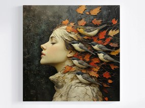 Vászonkép Canvas Portré Profil Nő Levelek Madarak Ősz 80x80
