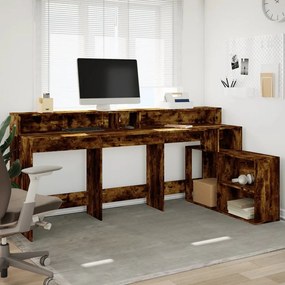 füstös tölgy színű szerelt fa íróasztal LED-ekkel 200x104x91 cm
