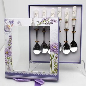 Levendulás - madaras kiskanál szett porcelán nyéllel - 6 személyes - díszdobozos