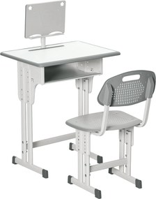 HOMCOM Gyerek Íróasztal és Szék Készlet 6-12 Éves Gyermekeknek, Állítható Magasságú Asztal 1 Fiókkal, 1 Ceruzatartóval és 1 Könyvespolccal, Acél, 60x4