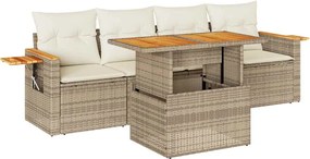 vidaXL 5 részes bézs polyrattan és akácfa kerti ülőgarnitúra párnákkal