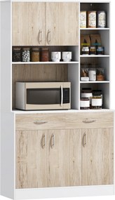HOMCOM Konyhai Buffet Tálalószekrény Ajtós Fiókos és Nyitott Rekeszes, 100L x 39W x 181,5H cm Fehér és Fás | Aosom