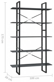 ötszintes szürke fenyőfa könyvszekrény 100 x 30 x 175 cm