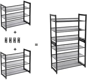 3 Szintes fém hálós cipőtartó, egymásra rakható tároló állvány, fekete