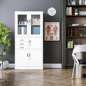 Fém iratszekrény széffel, vitrinnel és fiókokkal FILIP, 900 x 1850 x 400 mm, fehér