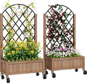 Outsunny 2 darabos Kertető Ágyás Kerekekkel, Rács, Espalier Virágcserép Fa Virágládával, Kert Espalier 52x25x97 cm Balkon Teraszon, Virágcserép Mászó