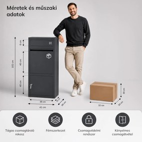 Fém csomag- és levélszekrény, kültéri, zárható, antracit: Paczkobox PAT