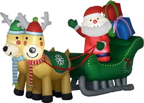 HOMCOM Karácsonyi Inflatable Díszítés Mikulással és 2 Rénszarvassal - Karácsonyi Díszítés 4 LED Fénnyel Kertre és Teraszra 210 cm x 70 cm x 125 cm | A