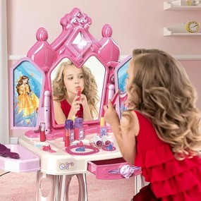 Sminkasztal lányoknak, szék és tükör, különböző kiegészítők, fények, zene, hercegnős matricák, fiók, rózsaszínű