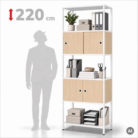Iratrendező polc zárható szekrénnyel, irodai, nyitott polcok, fém fehér/sonoma tölgy, 800x2200x400 mm: ARIEL Eco Design