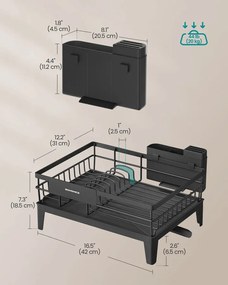 Edényszárító állvány, 360°-ban forgatható és kihúzható lefolyóval, fekete
