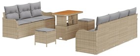 10 darabos kerti kanapé párnákkal Bézs Poly Rattan Akáciából, 2 személyes kerti kanapé tárolóval és párnákkal Bézs Poly Rattan, 3 darabos kerti étkezőszett párnákkal Bézs Poly Rattan Akáciából