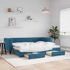 kék kihúzható bársony heverő fiókokkal 80 x 200 cm