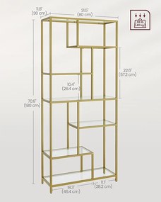 Könyvespolc, 6 szintes magas könyvszekrény 30 × 80 × 180 cm, fémes arany színben