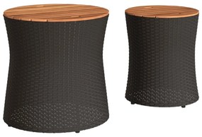 2 db fekete polyrattan kerti kisasztal fa asztallappal