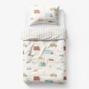 Goldea gyermek pamut ágyneműhuzat - az autók világa, latte csíkos hátoldal 150 x 200 és 50 x 60 cm