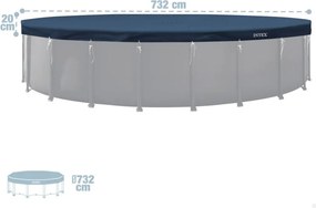 Kerek medencetakaró, Intex Deluxe négyévszakos, csővázas medencéhez, 732 cm átmérő, sötétkék, UV-álló háromrétegű anyag, 20 cm-es túlnyúlással, köteles rögzítéssel (28091)