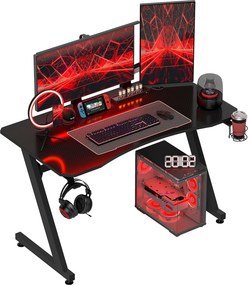 HOMCOM Ergonomikus Játékasztal 120x65x74,5 cm PC Számítógéphez, Pohártartóval, Fejhallgató Akasztóval és Állítható Lábakkal, Szénszálas Hatás Fekete |