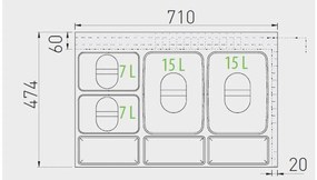 Hulladékgyűjtő GTV Multino 800, szelektív, utólag behelyezhető, 2*15+2*7 L edénnyel, fedéllel, tárolókkal