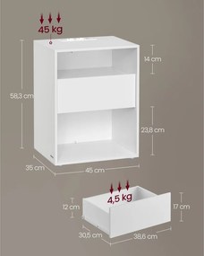 Éjjeli szekrény, fiókos, USB aljzattal, modern, fehér 40x30x50cm