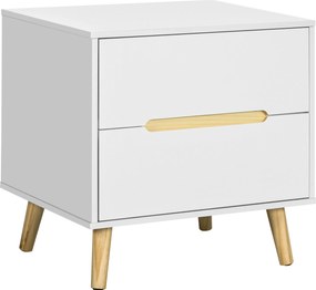 HOMCOM Ágy melletti asztal 2 fiókkal és fa lábakkal Modern Stílus 50x40x50,5 cm Fehér | Aosom