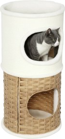 PawHut Kaparó Gömb 80 cm Magas Ø 40 cm Háromszintes Macska Gömb Plüss Szegéllyel, Macska Búvóhely, Kaparóoszlop Közepes Méretű Macskák Számára, Krémfe