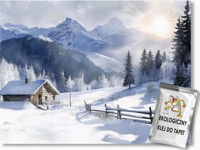 Fotótapéta Flizelina Tájkép Hegyek Erdő Kunyhó Tél Hó Fagy 208x146 ragasztó